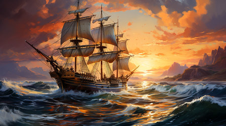 old sailing ship in the sunsetの素材