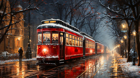 old red tram in the city at nightの素材