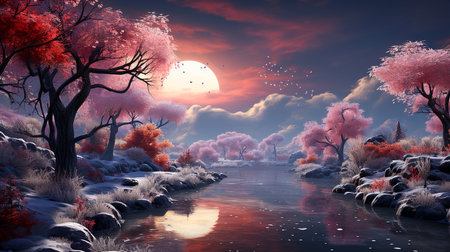 Magical winter landscape with trees and snowの素材