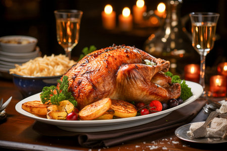 roasted chicken on the tableの素材