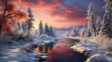 sunset over the river in the winter landscapeの素材