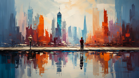 abstract painting with people in the cityの素材
