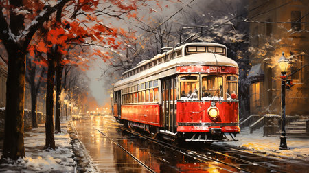 old red tram in a wintry cityの素材