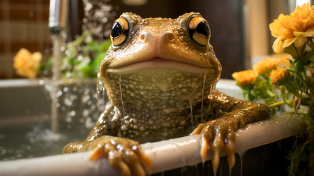 green frog sitting in a bathtubの素材