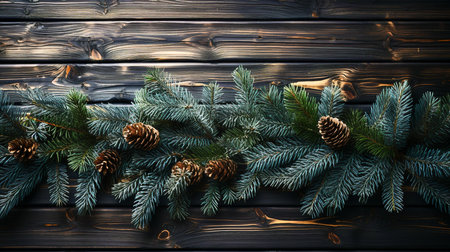 Christmas tree branches on wooden backgroundの素材