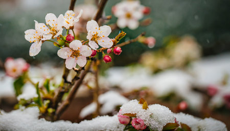 cherry blossom in snow in the gardenの素材