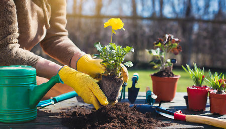 gardening tools and flowers in the springの素材