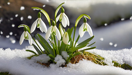 spring snowdrops in snow gardenの素材