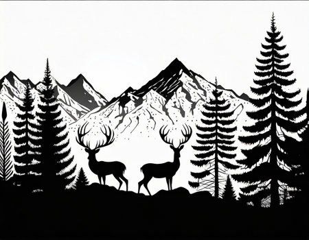 Silhouettes of deer against the background of forests, trees and mountains, black and whiteの素材
