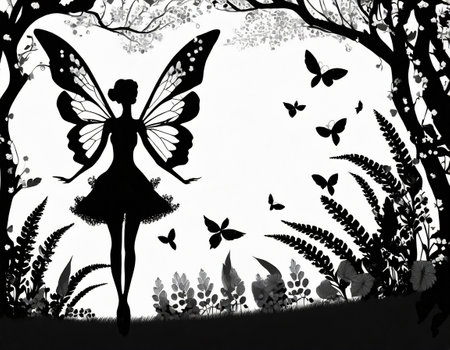 Fairy magic silhouettes in nature on black and white background 02の素材