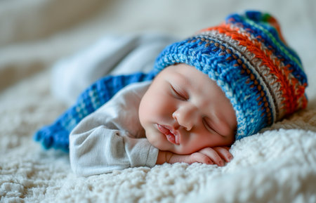 Sleeping newborn boy in the first days of life with a knitted hatの素材