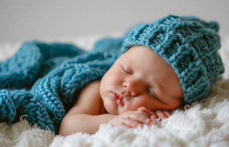 Sleeping newborn boy in the first days of life with a knitted hatの素材