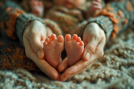 mother holding in the hands feet of newborn baby.の素材
