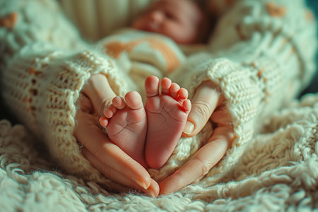mother holds newborn feet in bedの素材