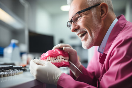 A dental technician examines a prosthesisの素材