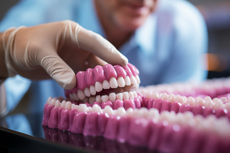 A dental technician examines a dentureの素材