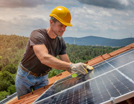 Young man on the roof at solar panel installationの素材