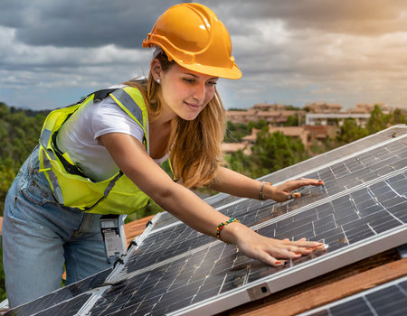 Young woman on the roof at solar panel installationの素材