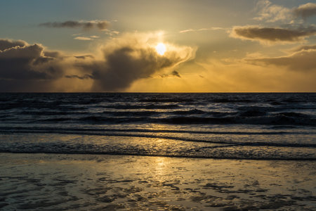 Sunset on the beach on the North Sea in St. Peter-Ordingの写真素材