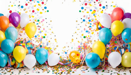 colorful balloons and confetti on white backgroundの素材
