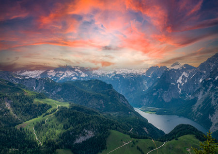 sunset over the Salzkammergut mountains with Wolfgangs Lake in Austriaの写真素材