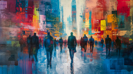 abstract watercolor background with business people in the cityの素材