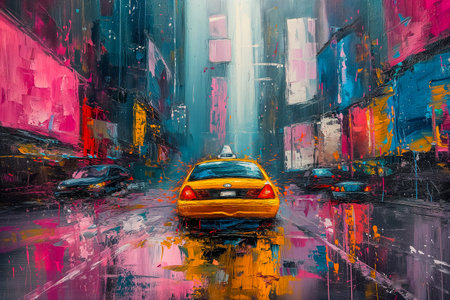 yellow taxi on the street in the new york city, abstract paintingの素材