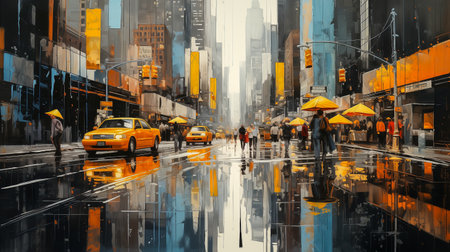 Shopping street with yellow taxi in New York City abstract painting artの素材