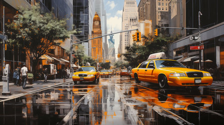 Yellow taxi in a big city, abstract art paintingの素材