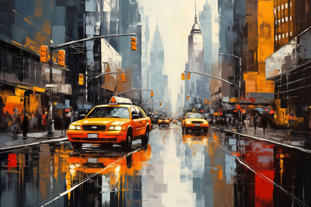 yellow taxi in the new york city at night, abstract paintingの素材