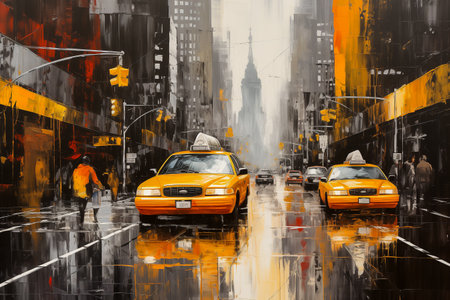 yellow taxi on the street in the big new york city, abstract artの素材