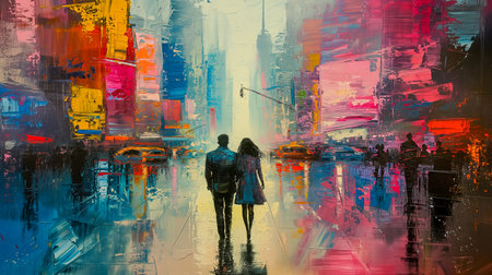 Young couple on a shopping street, abstract painting artの素材
