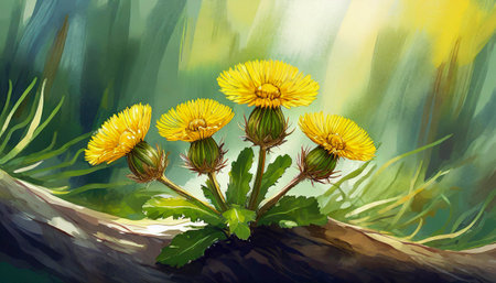 yellow coltsfoot plant flowers in the gardenの素材