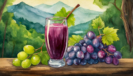 glass with grape juice in the tuscany, watercolor art designの素材