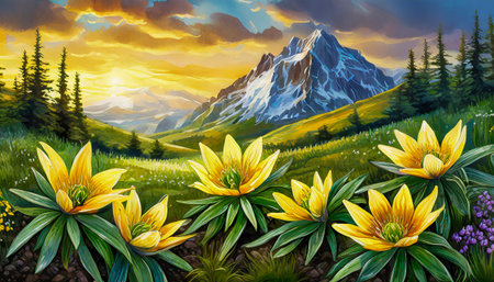 winter aconite flowers in the mountains, watercolor art designの素材