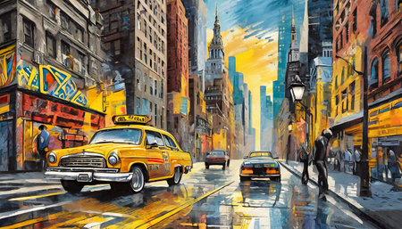 City street in New York City, watercolor art designの素材