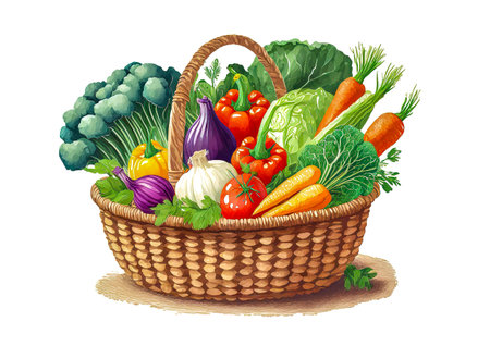 basket with vegetables on white background, art designの素材