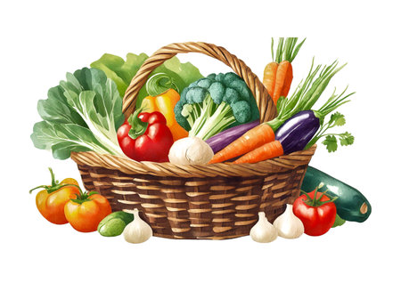 basket with vegetables on white background, art designの素材