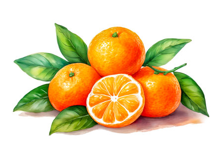 tangerines with leaves on white background, watercolor art designの素材