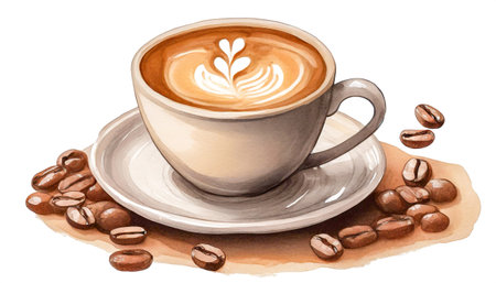 cup of coffee with beans on a white background, art designの素材