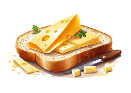 Cheese slices on bread slice with butter isolated on white background, watercolor art designの素材