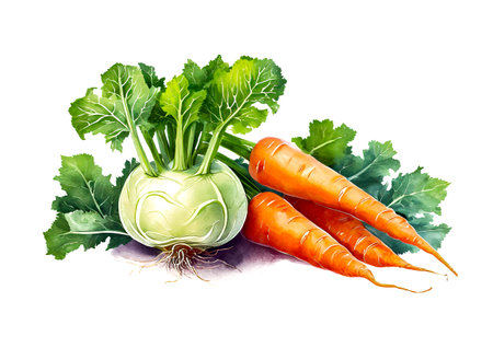 kohlrabi and carrots isolated on white background, art designの素材