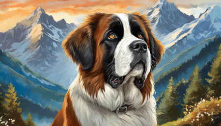 portrait of a saint bernard dog in the mountains, art designの素材