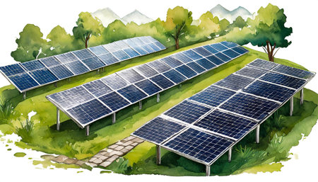 solar panels on a green field, art designの素材