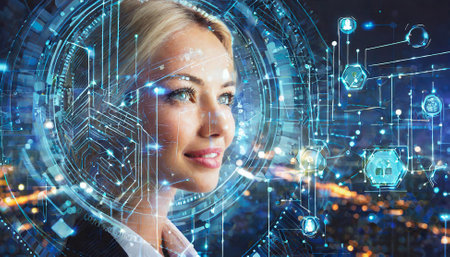 abstract digital human cyborg woman with interface data cyberspaceの素材
