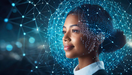 abstract digital human face, woman with interface data cyberspaceの素材