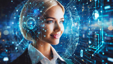 abstract digital human cyborg woman with interface data cyberspaceの素材