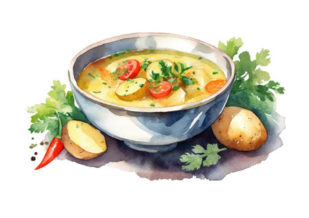 bowl of watercolor potato soup with vegetables, art designの素材