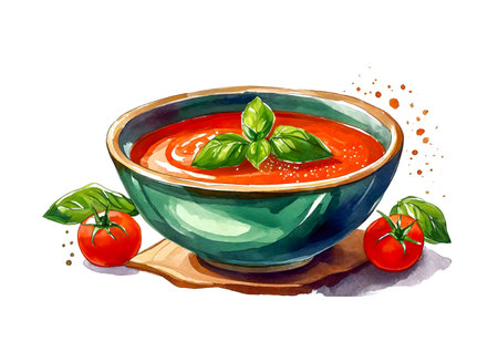 Tomato soup with basil on a bowl with white background, art designの素材