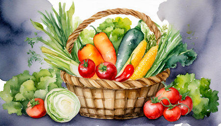 fresh vegetables in a basket, watercolor art designの素材